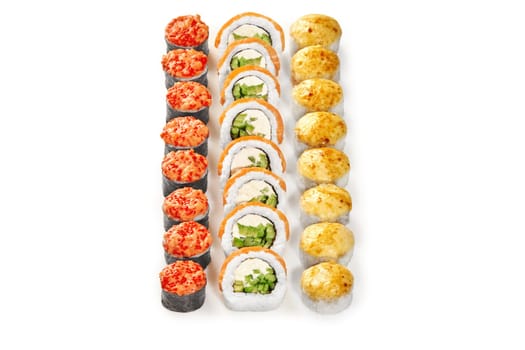 Three distinct sushi creations side by side on white backdrop. Norimaki with spicy red tobiko topping, classic salmon Philadelphia rolls, and baked uramaki topped with golden cheese caps