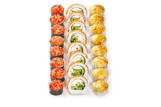Three distinct sushi creations side by side on white backdrop. Norimaki with spicy red tobiko topping, classic salmon Philadelphia rolls, and baked uramaki topped with golden cheese caps