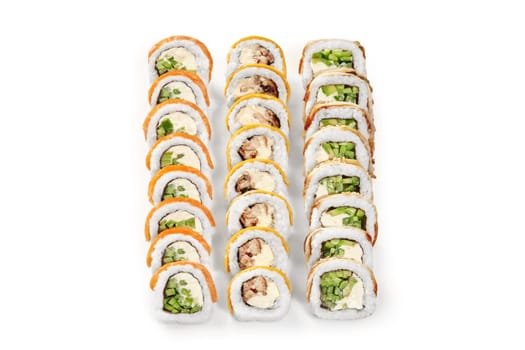 Set of classic uramaki rolls with salmon, eel, cheese and vegetables arranged on white background. Japanese sushi bar menu concept. Popular authentic snacks