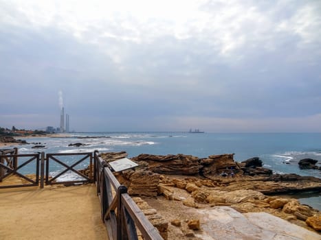 Rocky coast near the ancient Caesarea national park on the Mediterranean coastline, Israel. High quality photo