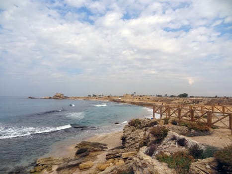 Rocky coast near the ancient Caesarea national park on the Mediterranean coastline, Israel. High quality photo