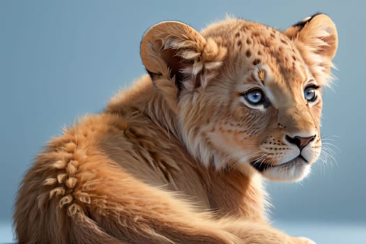 cute tiger cub portrait,isolated on blue background .