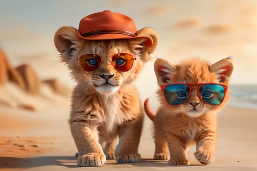 cute red tiger cub and kitten, walking along the road in the desert .