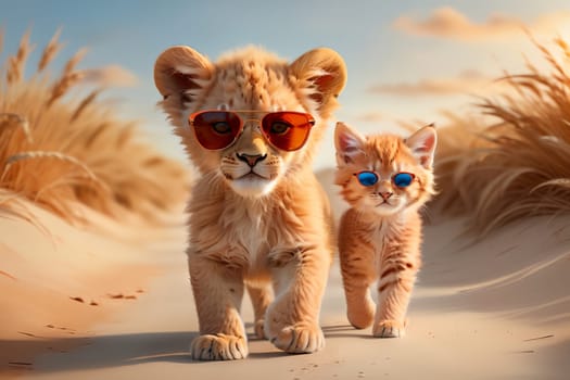 cute red tiger cub and kitten, walking along the road in the desert .