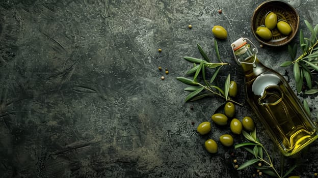 Olive oil bottle ad background with copyspace, vegetable oil commercial produce, food industry and retail concept