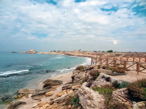 Rocky coast near the ancient Caesarea national park on the Mediterranean coastline, Israel. High quality photo