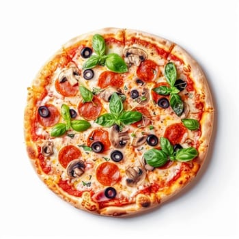 Pizza isolated on white background, online delivery from pizzeria, take away and fast food concept