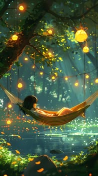 A woman is happily lounging in a hammock under the trees surrounded by terrestrial plants and grass in the natural landscape of a forest