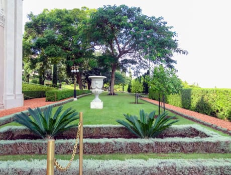 Path in the park with flowers and palm trees on a sunny summer day. High quality photo