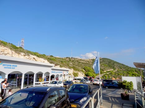 Israeli-Lebanese border. Border post tower. Rosh Hanikre Caves , Western Galilee Israel - September 10, 2023.