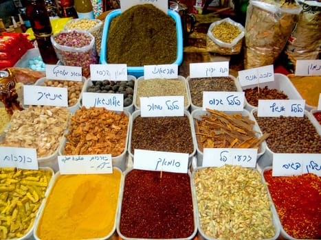 Various seasonings and spices are sold at an oriental bazaar. Israel - September 10, 2023