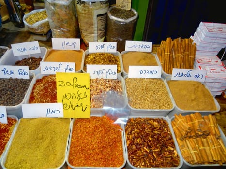 Various seasonings and spices are sold at an oriental bazaar. Israel - September 10, 2023