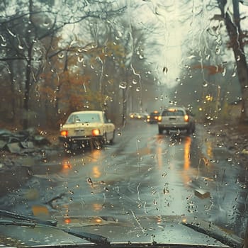 Motor vehicles traveling on a wet asphalt road in the rain. Windscreen wipers and automotive lighting are in use to improve visibility