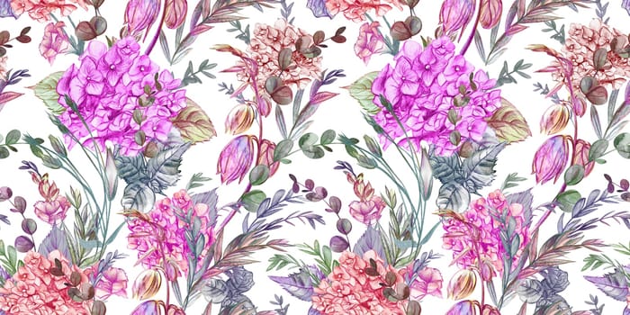 Seamless watercolor pattern drawn in pencil with hydrangeas and summer plants