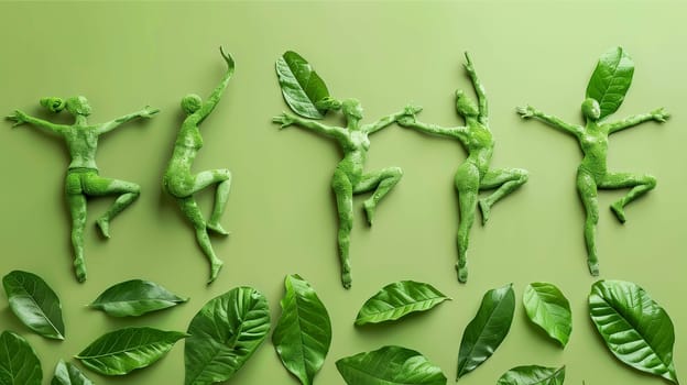 A collection of green leaf sculptures displayed in a natural setting, creating a visually appealing scene.