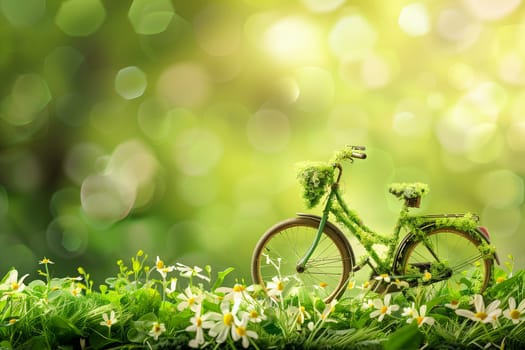 A bicycle stands amidst green grass and vibrant flowers in a scenic outdoor setting.