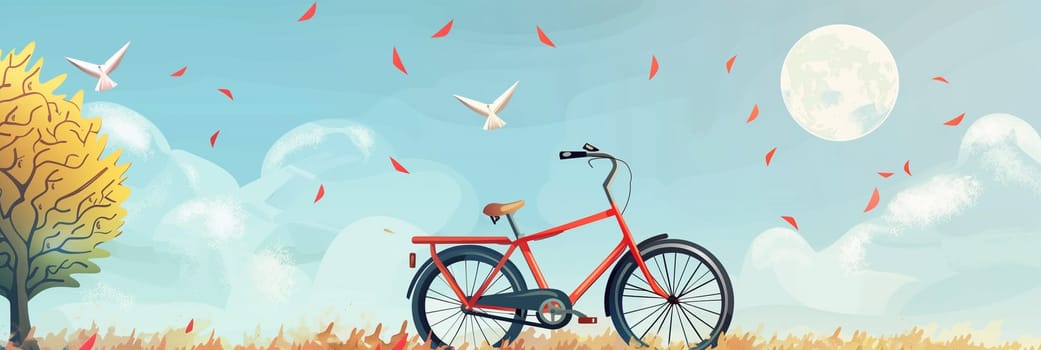 A red bicycle is parked in a field surrounded by trees, with birds flying overhead.