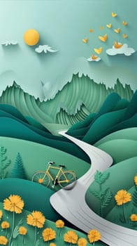 A paper art illustration of a bicycle traveling on a road lined with vibrant yellow flowers.