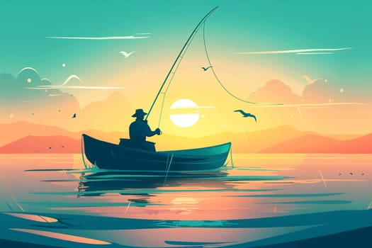 A man is actively fishing from a small boat on the water as the sun sets in the background.