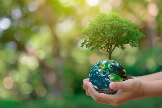 A childs hand tenderly holds a small globe with a miniature tree planted inside, emphasizing the importance of nature conservation on World Environment Day.