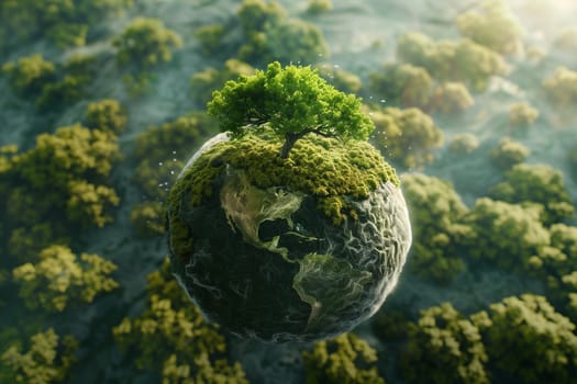 A tree standing on top of a globe, symbolizing nature and environment.