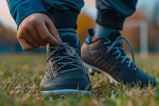 A man is bending down on the grass, tying his shoelaces.