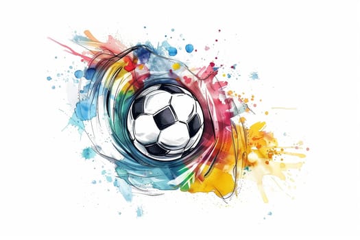 A soccer ball covered in bright and colorful paint splashes, set against a clean white background.