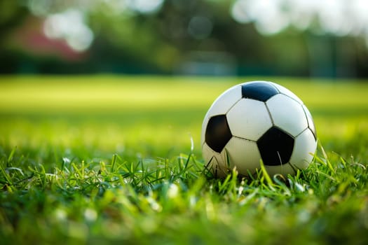 A soccer ball sitting on green grass, representing a scene from a soccer match or training session.