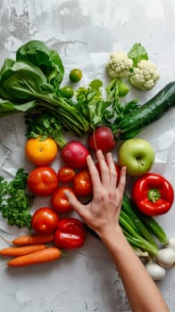 A womans hand extends over a colorful pile of fresh vegetables in a market, showcasing a selection of healthy produce for World Food Safety Day.
