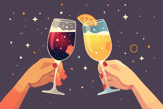 Two hands holding wine glasses and toasting each other on a dark background.