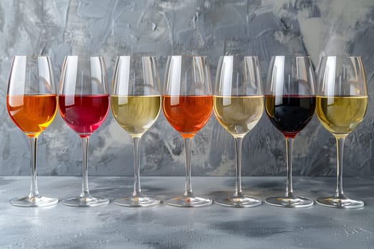 A collection of wine glasses filled with various colored liquids, showcasing the diversity of wines at a wine festival event.