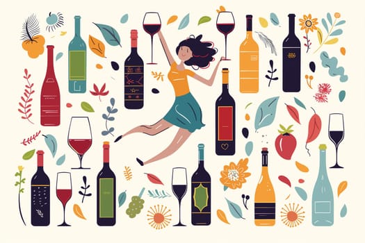 A girl energetically jumps among wine bottles and vibrant flowers at a lively wine festival.