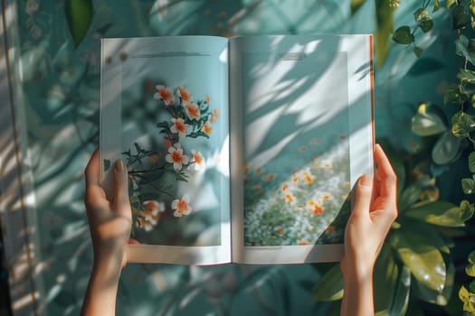 A woman holding a book adorned with vibrant flowers.