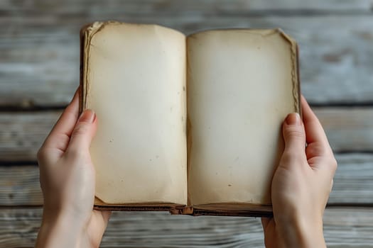 A pair of womans hands are seen holding an open book on a wooden table. Mockup