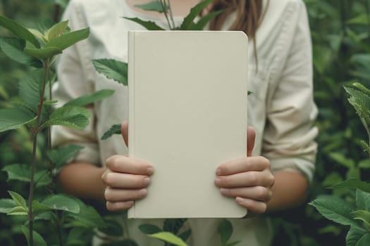 A girl stands in a green field, holding a white notebook in her hands. Mockup