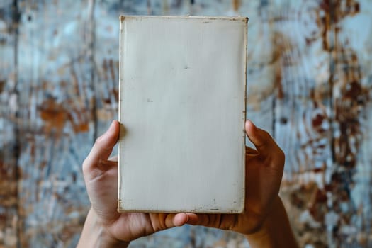 A woman is standing, holding a white piece of paper up in her hands. Mockup