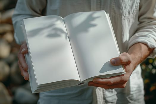 A man is standing in front of a tree, holding an open book. Mockup