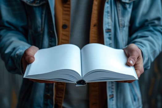 A man is standing while holding an open book in his hands, focusing on reading the contents. Mockup