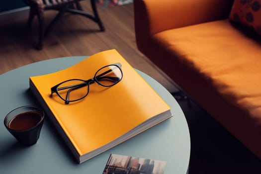 A book is placed on a wooden table next to a steaming cup of coffee, creating a cozy reading environment. Mockup