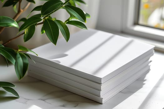 A stack of white notebooks neatly arranged on a window sill. Mockup