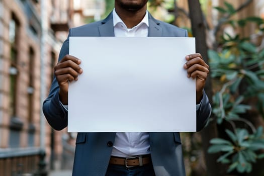 A black businessman is holding up a blank sheet of paper. Mockup