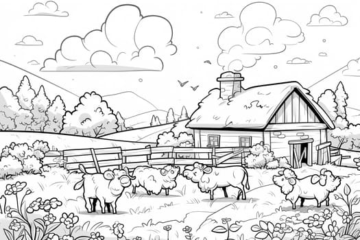 A coloring page featuring sheep grazing in a field with a quaint house in the background in a countryside setting.