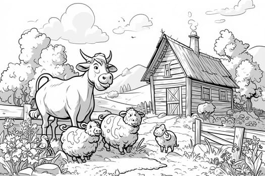 A black and white drawing of a farm in a village with cows and sheep grazing in the fields.