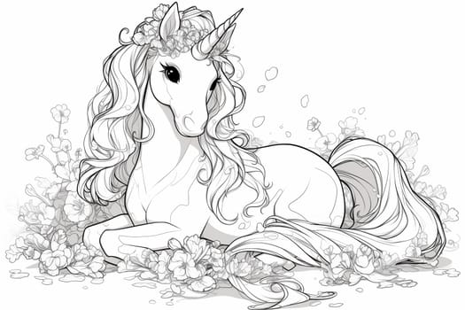 A black and white drawing of a unicorn peacefully laying down in lush green grass.