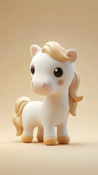 A toy white pony with a blonde mane and tail is displayed as an animal figure standing on a beige background, representing a working animal and terrestrial livestock