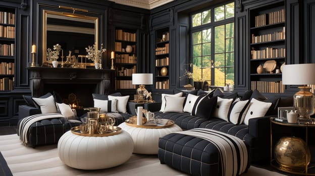 A sophisticated home library featuring plush seating, dark-toned wood bookshelves, golden accents, and a warm inviting ambiance - Generative AI