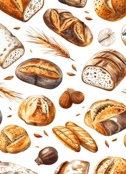 A seamless pattern of different types of bread and wheat on a white background. The design showcases the beauty of various food ingredients like seeds, nuts, and natural foods