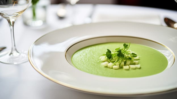 Pea cream soup in a restaurant, English countryside exquisite cuisine menu, culinary art food and fine dining experience