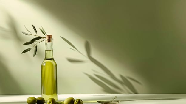 Olive oil bottle ad background with copyspace, vegetable oil commercial produce, food industry and retail concept