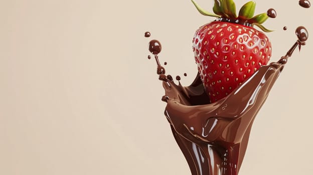 Strawberry falling into melted liquid chocolate, food dessert and confectionery industry